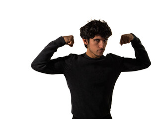 Muscular man in black sweater flexing