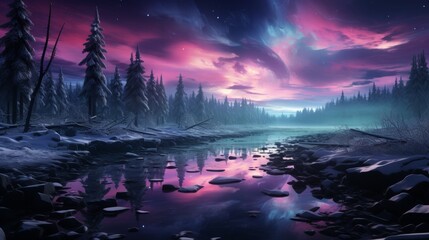 Northern lights (Aurora Borealis) dancing over a snowy landscape, vibrant green and purple colors in the sky, reflection on the snow, capturing the ma