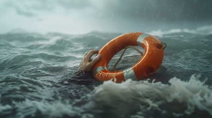 Lifebuoy floating on sea in storm weather, There was a person's hand immersed in water next to it. World Rescue day