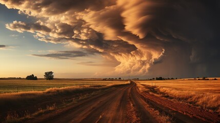 Thunderstorm over a prairie, dramatic lightning bolts illuminating the vast open land, dark storm clouds overhead, portraying the power and scale of s