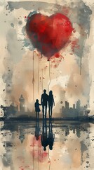 image of a couple walking under a large red heart-shaped balloon, with reflections on the water surface,
Concept: related to Valentine's Day, love, romantic events, weddings