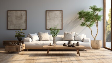 Minimalist living room with clean lines, neutral colors, and sparse furniture, focus on the simplicity and elegance of the design, Photorealistic, min
