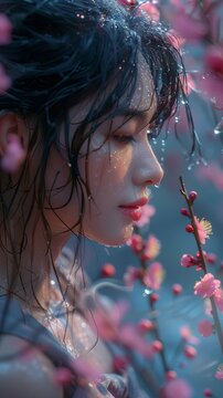 Young woman with drops of dew on her hair and face, deeply immersed in thoughts, Concept: spring mood, beauty of nature, use in advertising cosmetics, spa services