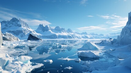 Fototapeta na wymiar Majestic glacier in an arctic region, blue ice contrasting with dark rocky terrain, a clear sky above, showcasing the rugged beauty of polar landscape