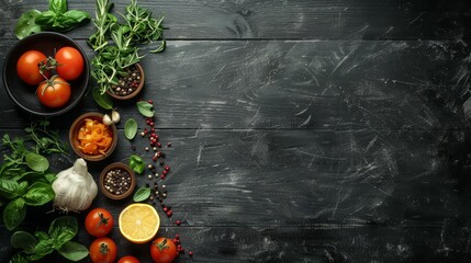 Bright Cooking Background on Black Wooden Surface