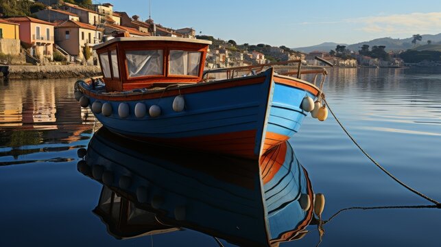 Quiet harbor in a small coastal town, fishing boats moored, calm water, conveying the peacefulness and simplicity of seaside living, Photorealistic, c
