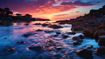 Obraz premium Long exposure of a beach at twilight, smooth water and a sky streaked with colors, peaceful and dreamy seascape, Photography, long exposure for a silk