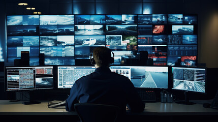 Security Professional Monitoring Surveillance Footage - obrazy, fototapety, plakaty