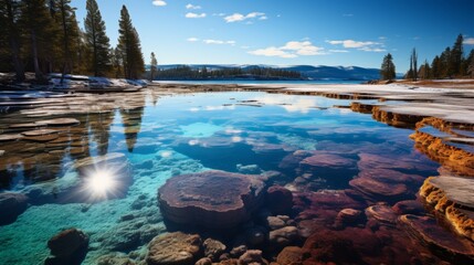 Geysers and hot springs in Yellowstone National Park, vibrant colors, steam rising, showcasing the unique and dynamic earth processes, Photorealistic, - obrazy, fototapety, plakaty