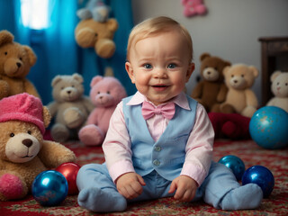 a smiling baby with a dimple on his cheek, sitting on a carpet among toys, dressed in a beautiful suit and socks