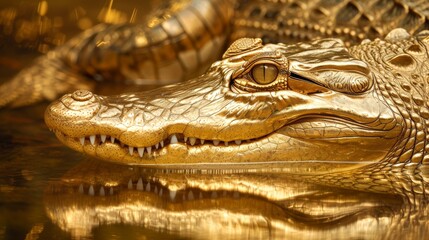 close up of a golden crocodile swims in the water - obrazy, fototapety, plakaty