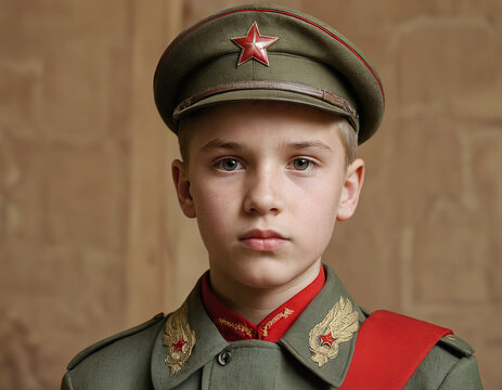 14-year-old boy looking three-quarters, Soviet partisan, wearing a 1942 Soviet Union clothes