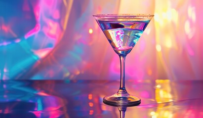 Martini cocktail in colorful reflections. The concept of party and cocktail culture.