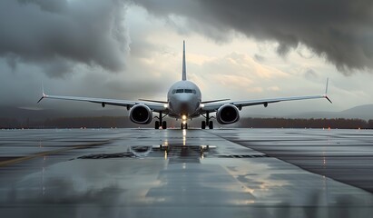 Airplane on a runway under storm clouds. The concept of flights and air transport.