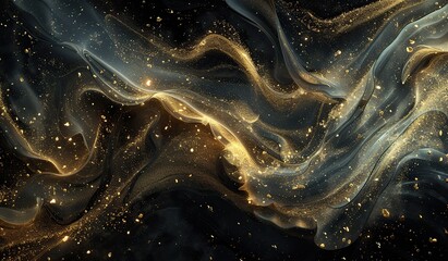 Golden fluid with sparkles on a black background. The concept of luxury and elegance. - obrazy, fototapety, plakaty
