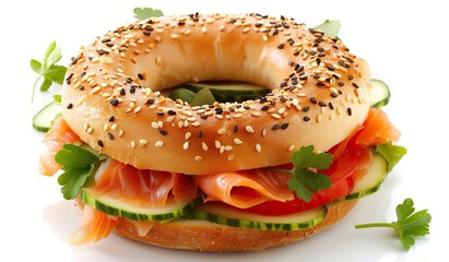Bagel with salmon and vegetables on a light background. The concept of healthy breakfasts and snacks