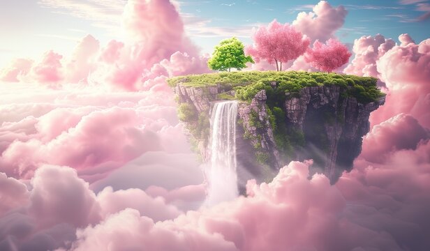 Elevated land with waterfall and tree against pink clouds. The concept of a utopian natural landscape.