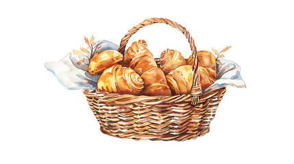 Fresh pastries in the basket watercolor illustration. Hand drawn watercolor, illustration isolated on white background