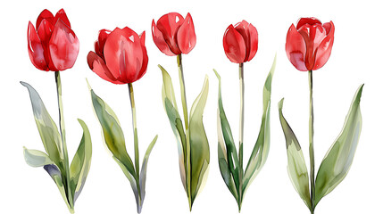 Illustration of watercolor hand drawn set of colorful red tulips isolated on white background. Card for Mothers day, 8 March, wedding, events