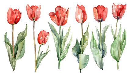 Illustration of watercolor hand drawn set of colorful red tulips isolated on white background. Card for Mothers day, 8 March, wedding, events