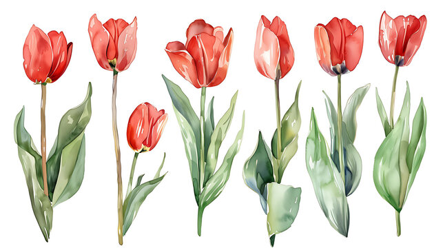 Illustration of watercolor hand drawn set of colorful red tulips isolated on white background. Card for Mothers day, 8 March, wedding, events