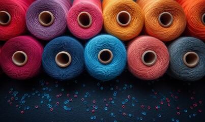 Creative background from spools of multi-colored threads.