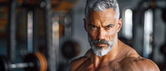 A mature, muscular, sporty man with big muscles, gray hair and beard posing confidently in a gym environment. Blurred background. - 739251432