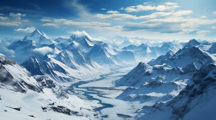 Fototapeta na wymiar Snow-covered mountain range from the air, peaks and valleys highlighted, conveying the majesty and isolation of mountainous terrain, Photorealistic, d