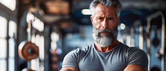 A mature, muscular, sporty man with gray hair and beard posing confidently in a gym environment. Blurred background. - 739251616