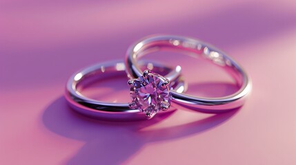 2 silver engagement rings in a magenta white background case
