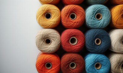 Spools of multi-colored threads on a white background.