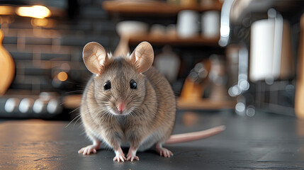 A wild mouse at the black kitchen in the apartment, rodent pest concept