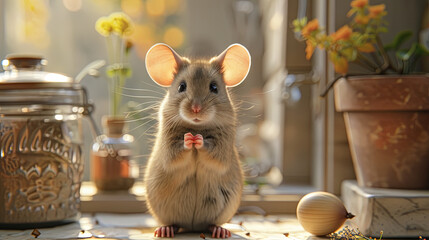 A wild mouse discovered in the apartment kitchen, highlighting the issue of rodent pests - obrazy, fototapety, plakaty