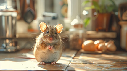 A wild mouse at the kitchen in the apartment, rodent pest concept