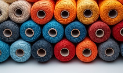 Spools of multi-colored threads on a white background.
