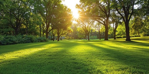 Lush green trees in public park embodying tranquility of nature sunny landscape perfect for spring...