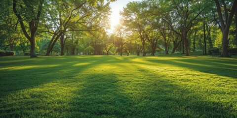 Fototapeta premium Lush green trees in public park embodying tranquility of nature sunny landscape perfect for spring and summer showcasing beauty of well manicured lawns and vibrant foliage ideal for outdoor relaxation
