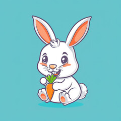 Obraz premium flat logo of cute rabbit eating carrot in cartoon style. Easter theme.