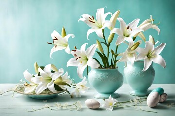 Graceful white lilies add an elegant touch to the enchanting Easter scene, set against a subtle pastel turquoise backdrop.
