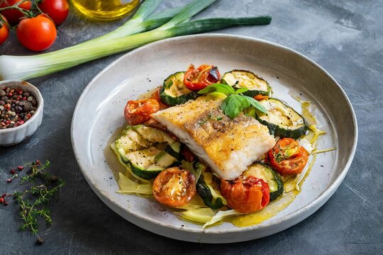 Healthy fish dish of fried redfish fillet with Mediterranean vegetables such as zucchini,