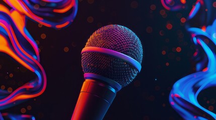 Black background with abstract style, white stylized microphone positioned strategically, touch of royal blue for contrast, modern and lively karaoke party flyer 