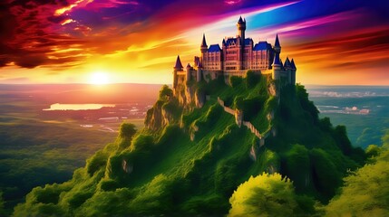 A majestic castle perched on a hill, surrounded by lush greenery, as the sky explodes in a kaleidoscope of colors during sunset. - obrazy, fototapety, plakaty
