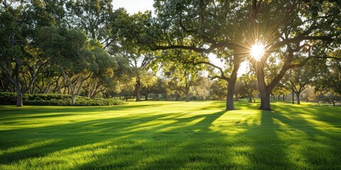 Fototapeta na wymiar Lush green trees in public park embodying tranquility of nature sunny landscape perfect for spring and summer showcasing beauty of well manicured lawns and vibrant foliage ideal for outdoor relaxation