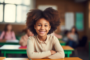 education, elementary school, and people concept - smiling african american schoolgirl sitting at the desk in the classroom