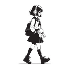 student high school girl wearing headphone while walking anime art style vector illustration