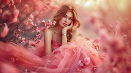 beautiful woman in love with romantic flowers background and theme.