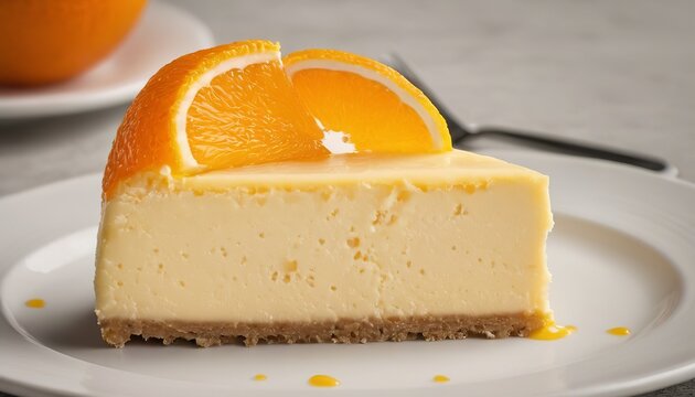 Closeup detail view sliced orange cheesecake or pudding, decorated with riped orange fruit.