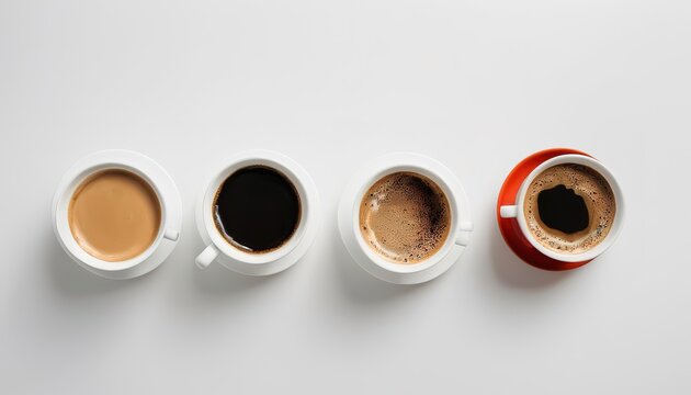 Colorful cups of Turkish coffee view over white studio. Minimal style with copy space.