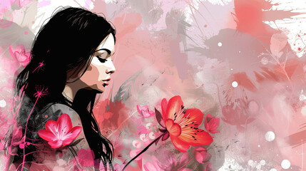 beautiful background woman in love with romantic flowers background and theme. Mixed grunge colors style illustration.