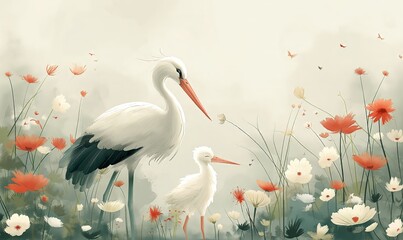 Illustration of a stork on a natural background.